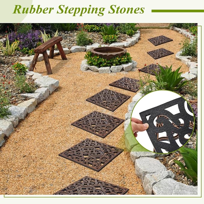 Pangda 16 Pack Rubber Stepping Stones Outdoor 15x15 Inch Garden Path Tiles Non Slip Walkway Pavers Heavy Duty Decorative Mats for Outside Patio Lawn Pathway Gravel Dirt Grass Yard (Copper)