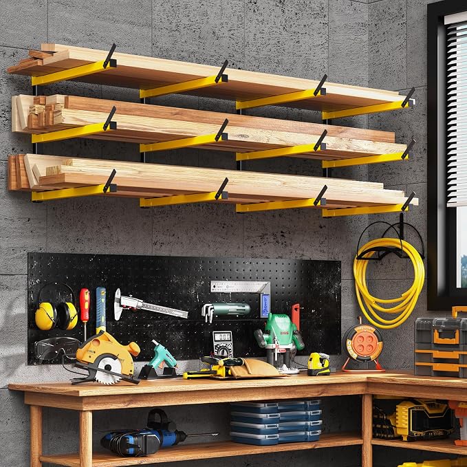 GREENER Lumber Storage Rack Folding Wood Storage Racks Wall-Mounted Metal Racks for Storage with 6-Level Heavy Duty Garage Wood Organizer for Woodworking Shop Indoor & Outdoor Use, 2 pairs,Yellow