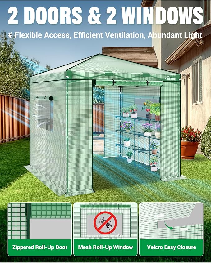Acepic 8x8 Instant Pop up Greenhouses, Indoor Outdoor Portable Greenhouse Walk-in for All Season, Small Green House with Roll-Up Zipper Doors and Side Windows, 4 Sandbags, Pe Cover, Green/Clear