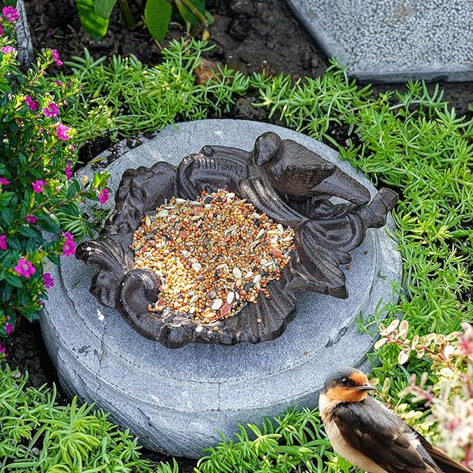 Sungmor Cast Iron Bird Feeder Dish, Rustic Brown Small Bird Feeding Tray, Decorative Leaf-Shaped Outdoor Bath Bowl Food Container for Garden, Patio or Yard