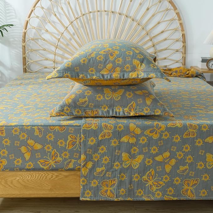 FADFAY Butterfly Sheets Set Queen Vintage Yellow Grey Floral Bedding Shabby Farmhouse Bedding Super Soft Washed Double -Layer Muslin Sheets 100% Cotton Deep Pocket Fitted Sheet 4Pcs, Queen Size