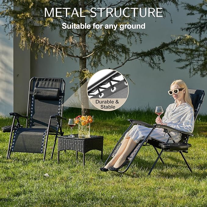 Sweetcrispy Zero Gravity Chairs, Set of 4 Portable Recliner Beach Camping Patio Outdoor Folding Lounge Chair with Cup Holder Trays and Adjustable Pillow for Poolside, Garden, Backyard, Lawn (Black)