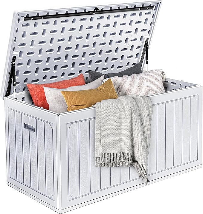 DWVO 90 Gallon Double-Wall Deck Box, Large Resin Outdoor Storage Box, Lockable & Waterproof, Double as Seating, 450lbs Capacity (Grayish-White)