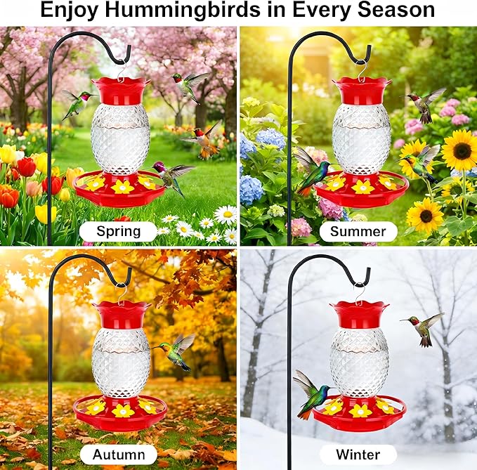 Fchstaer Glass Hummingbird Feeders for Outdoors Hanging Ant and Bee Proof 16OZ 2 Pack Clear Pineapple Humming Bird Feeder with 6 Feeding Ports and Ant Moat Hummingbird Gifts for Women Garden Decor