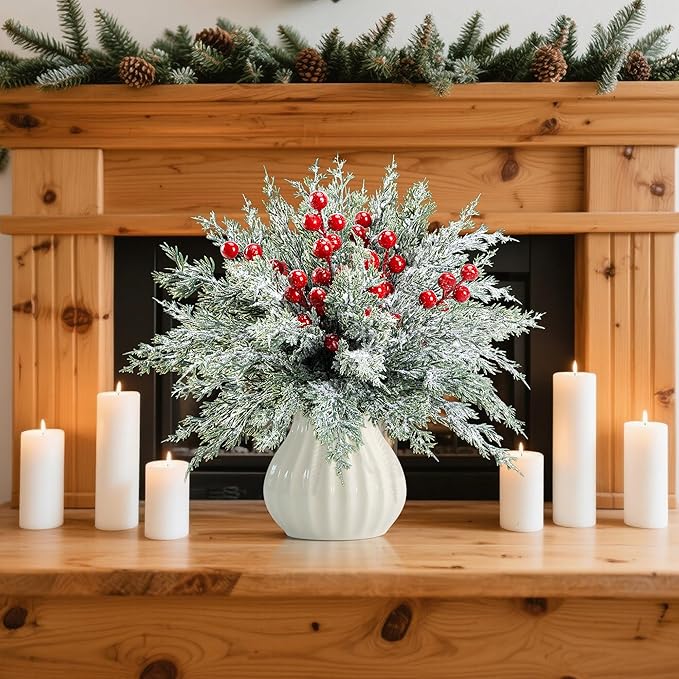 60 Pcs Artificial Christmas Snow Pine Branches with Red Berry Stems, Snowy Faux Greenery Norfolk Pine Cypress Leaves Stems, Berries White Frosted Fake Foliage Pine Needle Picks for Garland Home Decor