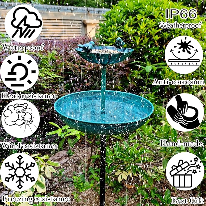 JOYBEE 38In Metal Double Bird Bathtub Stake for Outside, Vintage Freestanding Birdbaths, Bird Baths Feeder Bowl for Outdoors Garden Patio Yard Lawn Decor, Upgraded 5-Pronged Base (Blue)