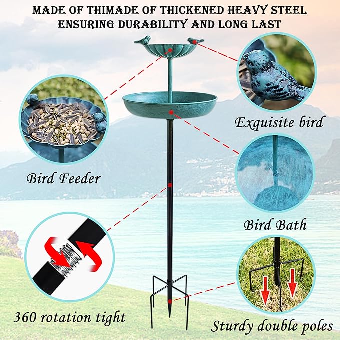 JOYBEE 38In Metal Double Bird Bathtub Stake for Outside, Vintage Freestanding Birdbaths, Bird Baths Feeder Bowl for Outdoors Garden Patio Yard Lawn Decor, Upgraded 5-Pronged Base (Blue)