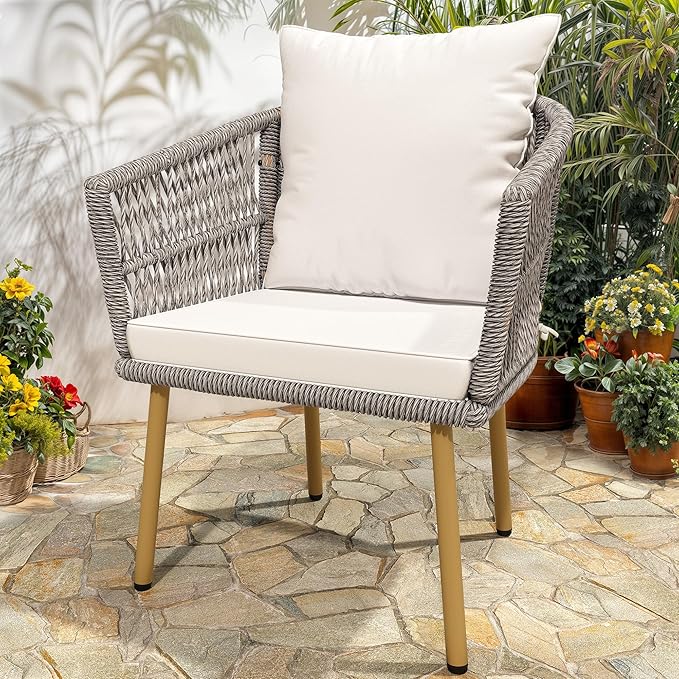 DWVO Wicker Sofa Chair, Single Bistro Armchair with Weatherproof Cushions, Outdoor Dining Chair for Outdoor, Indoor, Beige