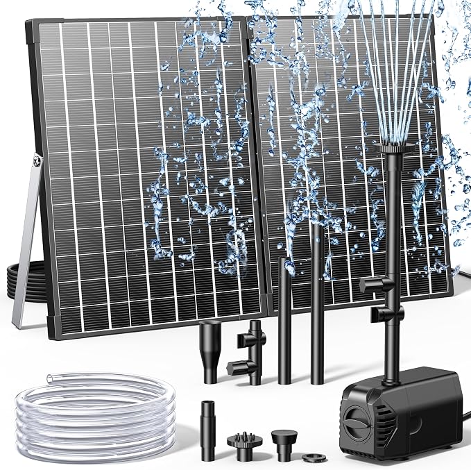 Biling 35W Solar Fountain Pump, 450GPH Submersible Solar Pond Pump with Dry Run Protection & Dual Filtration, Up to 10.8ft Lift, 16.4ft Cable, 4 Nozzles & Tubing for Pond Fountain, Water Features