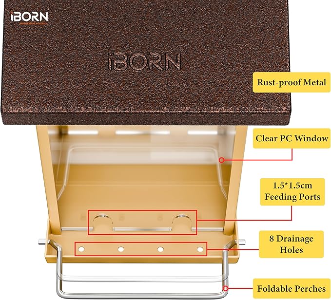 iBorn Bird Feeders for Outdoors,Bird Feeder with Weatherproof Metal Roof & 8 Drain Holes,Fully Detachable Birdfeeder Design,Easy to Refill & Clean,Chew-Proof PC Windows,3.2 Lbs Capacity,Coffee Roof