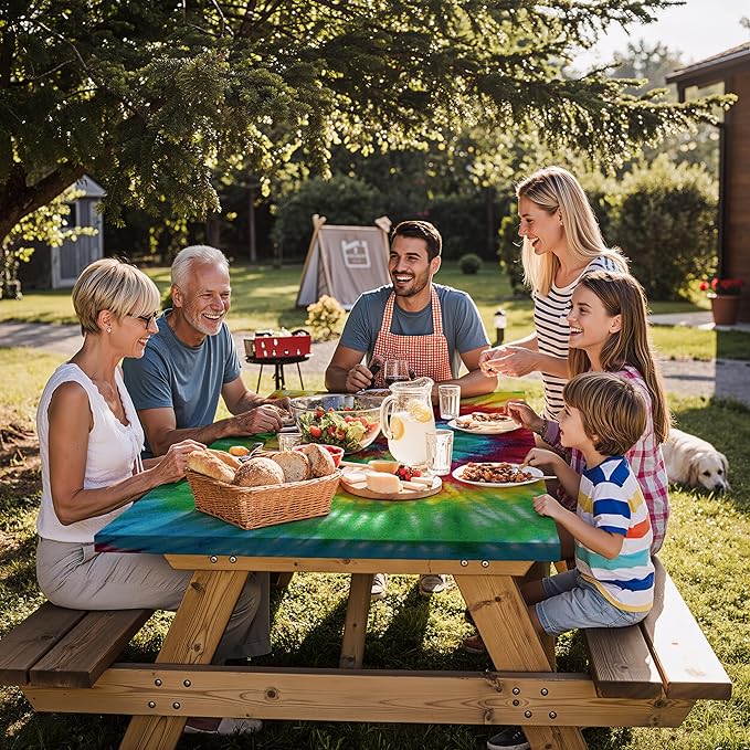 Fitted Waterproof Picnic Table Cover with Bench Covers Elastic 96×30In 3 Piece Camping Table Cloth for 8Ft Rectangle Tables Outdoor Camper Gifts Supplies Patio Rv Traveling Hiking Must Haves