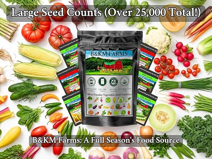 B&KM Farms 25,000+ Heirloom Vegetable Seed Vault - 40 Non-GMO Varieties for Home Gardening & Food Security - Long-Term Mylar Storage in Weather-Resistant Reusable Pail - Made in USA