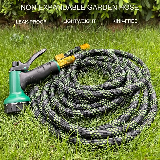 Garden Hose 100 ft, Non-Expandable Flexible Water Hose with 10 Function Spray Nozzle, Lightweight, Leak Proof, Kink-Free, Portable Hose for Outdoor, Yard, Lawn, High-Density Fabric, Black Green