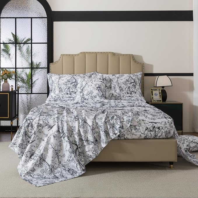 FADFAY Bird Sheets Set Cal King 100% Egyptian Cotton Black and White Toile de Jouy Bedding Vintage Rose Floral Farmhouse Bedding Shabby Botanical French Country Sheet Deep Pocket Soft Breathable 4Pcs