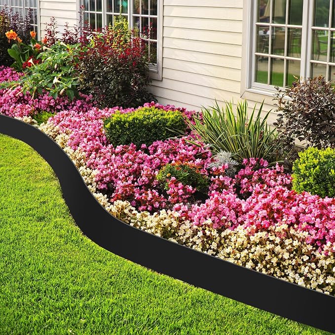 FoldTier 6 Inch Tall 33 ft Length No Dig Landscape Plastic Edging Kit with Hammer Spikes Plastic Garden Flower Bed Edging Landscape Edging Border for Gardens Border Lawn Grass Yard(Black)