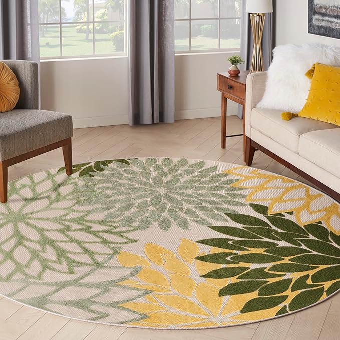 Nourison Home Aloha Indoor/Outdoor Green Multicolor 5'3" x Round Area Rug, Easy Cleaning, Non-Shedding, Bed Room, Living Room, Dining Room, Backyard, Patio, Deck (5 Round)