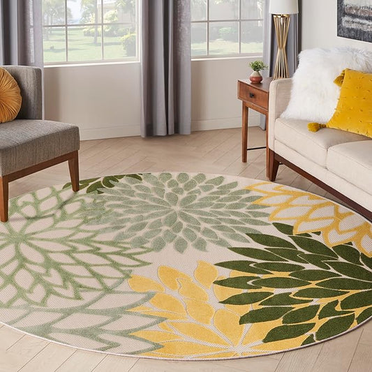 Nourison Home Aloha Indoor/Outdoor Green Multicolor 5'3" x Round Area Rug, Easy Cleaning, Non-Shedding, Bed Room, Living Room, Dining Room, Backyard, Patio, Deck (5 Round)