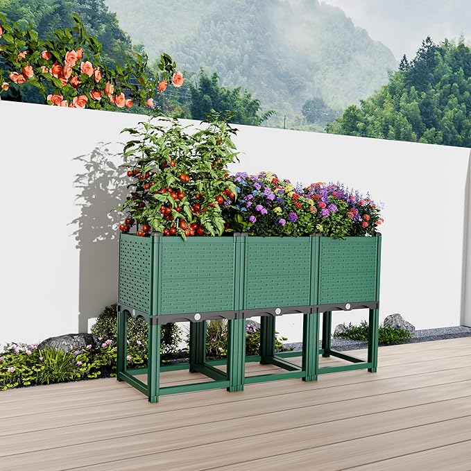 Outdoor Raised Garden Bed - Stackable Vertical Planter with Trellis for Vegetables & Flowers | Durable Resin, Tool-Free Assembly | Perfect for Balcony, Patio, Deck (47.24" H)