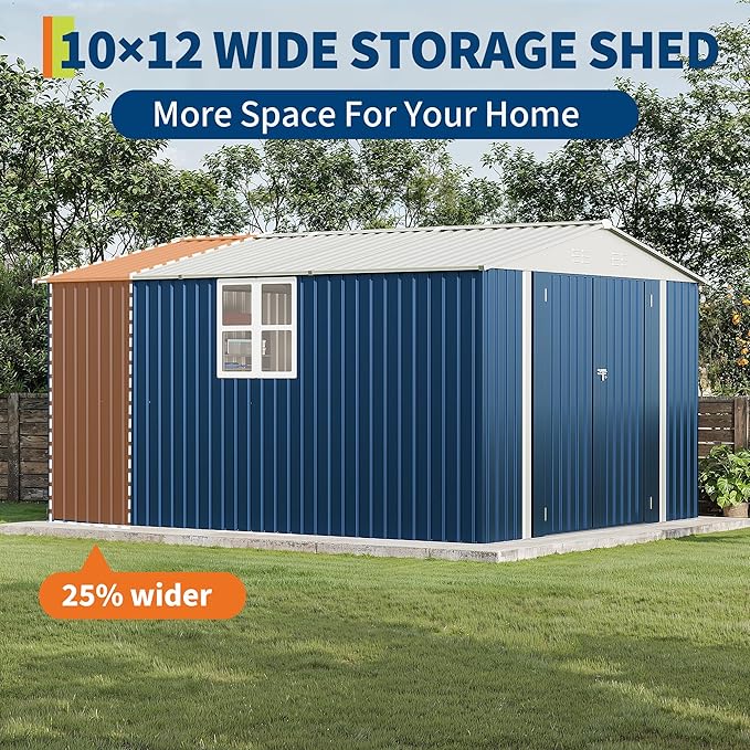 Garvee 10X12 FT Storage Shed with Cross Windows & Lockable Door，Large Outdoor Metal Shed，Peaked Roof Garden Shed for Lawn Mower, Bike, Tools - All Weather Secure Storage