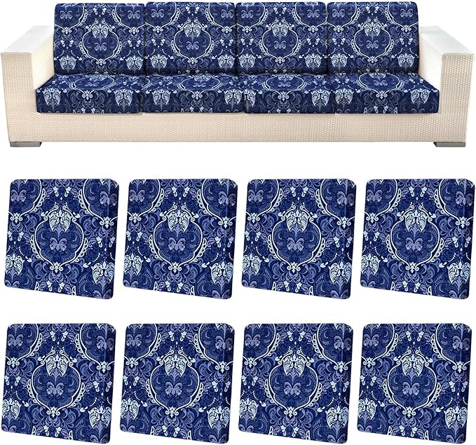 pickyNproud 8Pcs Patio Cushion Covers Stretch Outdoor Couch Cushions Slipcovers Replacement Washable Furniture Protector with Elastic Bottom Sofa Chair Seat Cover, Dark Blue