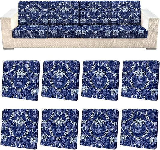 pickyNproud 8Pcs Patio Cushion Covers Stretch Outdoor Couch Cushions Slipcovers Replacement Washable Furniture Protector with Elastic Bottom Sofa Chair Seat Cover, Dark Blue