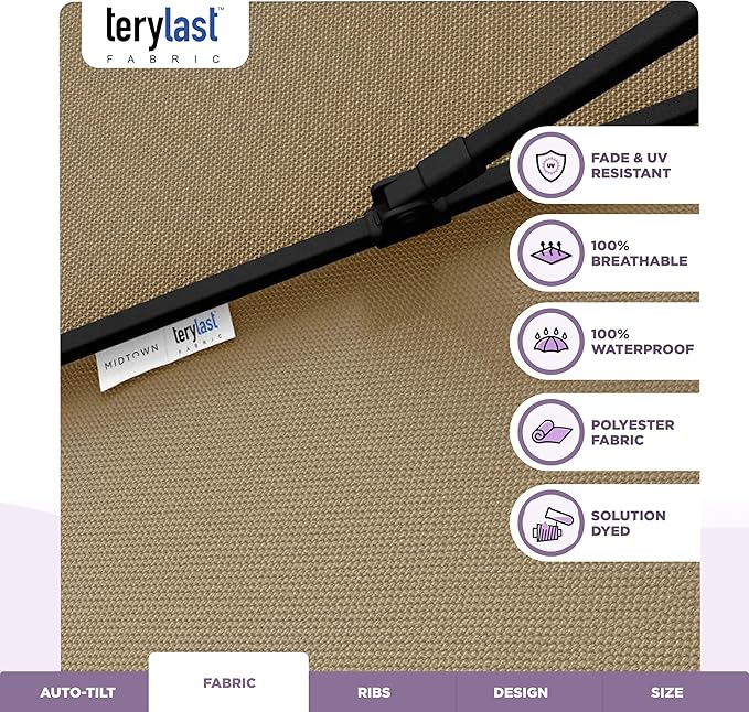 Midtown Umbrellas - 10-Year-No-Fade 9 Ft Patio Umbrella with Terylast Fabric, Auto-Tilt Aluminum Frame and 8 Reinforced Ribs for Deck, Pool, Garden & Beach - Chestnut Beige Canopy, Black Pole