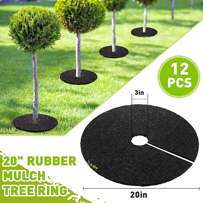 Peryiter 12 Pcs Rubber Mulch Tree Ring, Heavy Duty Rubber Mulch Mat, Tree Protector Weed Barrier Mats, Round Root Barrier for Weed Grass Control Root Protection (20 Inches)
