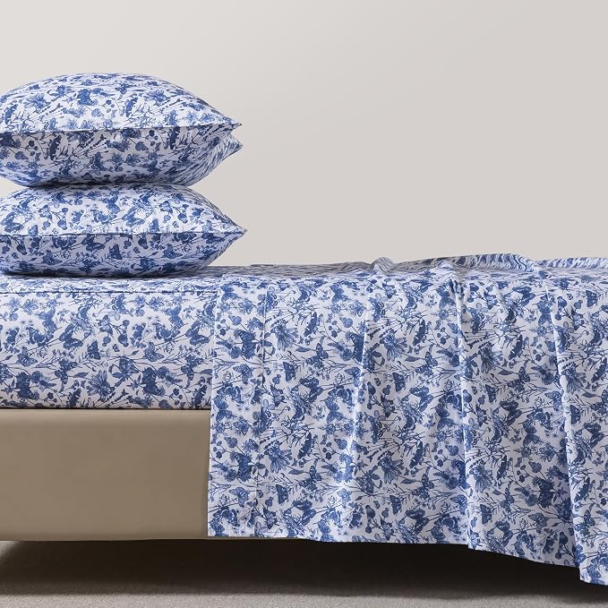FADFAY Blue Toile Sheets Set Cal King French Country Farmhouse Bedding Vintage Butterfly Floral Bedding 100% Egyptian Cotton Soft Sheet Set with Deep Pocket Fitted Sheet 4Pcs, California King Size