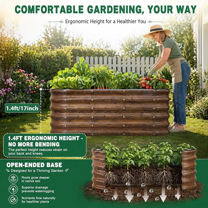 3 Pcs Raised Garden Beds Outdoor, 17" Tall 3-in-1 Modular 4x2ft Galvanized Metal Planter Box with Bracing Rods and Gloves for Vegetables Flowers Herbs, Grain