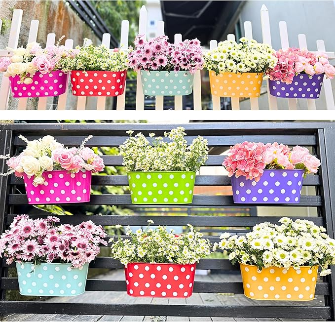 LaLaGreen Rail Planter Outdoor Plants (17 Inch, 6 Pack) Medium Colorful Metal Planters Iron Hanging Flower Pots Balcony Box Plant Holder Deck Railing Fence Herbs Garden Modern Porch Home Decor