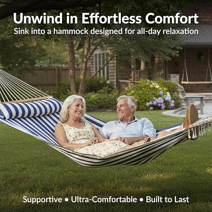 Sunnydaze Quilted Outdoor Hammock with Spreader Bars - Heavy-Duty 450-Pound Capacity Double Hammock for Outside - Blue and White Stripe
