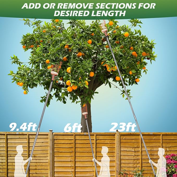 Walensee 23FT Fruit Picker with Basket, 35-276 Inch Ultra-Long Mango Picker Pole, Heavy Duty Cherry Picker Tool for High Tree, Citrus Apple Avocado Pear Lemon Orange Picking, with Storage Bag