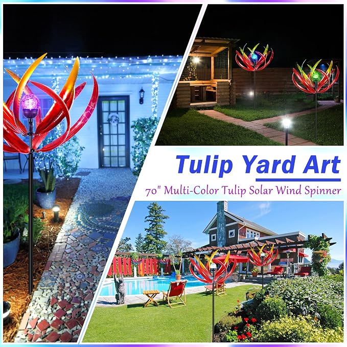 Wind Spinners Outdoor for Yard and Garden - Wind Sculptures & Spinners - 70 Inch Wind Spinner with Solar Powered Multi-Color Glass Ball Light for Yard Garden Backyard Lawn Decorations