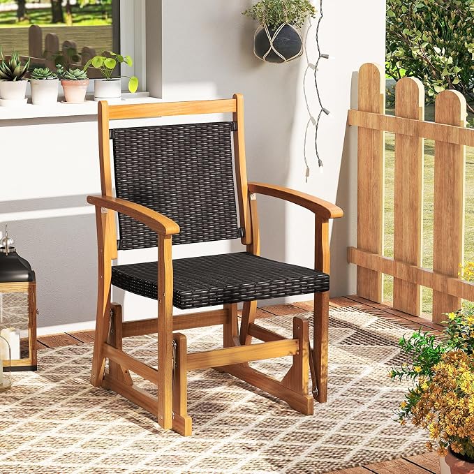 Tangkula Patio Rattan Glider Chair, Swing Gliding Rocker w/Acacia Wood Frame & Wicker Seat Back, Outdoor Rocking Armchair w/Curved Armrests for Porch, Backyard, Poolside (1 Seat-2 Pack)