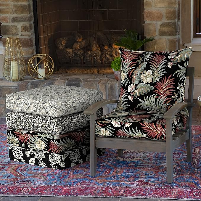 Arden Outdoor Deep Seat Cushion Set (4-Pack), 24 in x 24 in, Weather-Proof, Rain-Proof, Fade Resistant Patio Cushion for Chair, Sofa, and Couch Simone Black Tropical