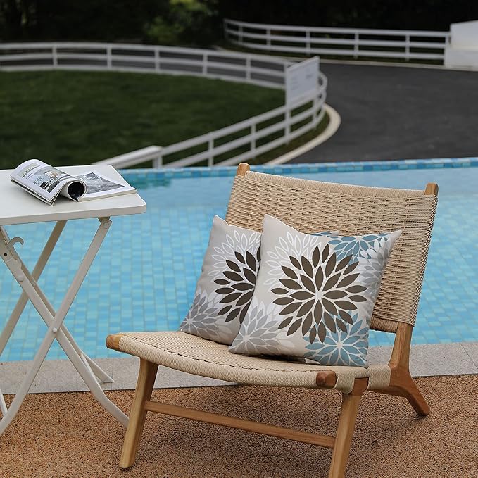 DFXSZ Brown Blue Flower Pillow Covers 16x16 Inch Set of 2 Summer Outdoor Waterproof Decor for Home Patio Funiture Garden Living Room Cushion Cover 002F16
