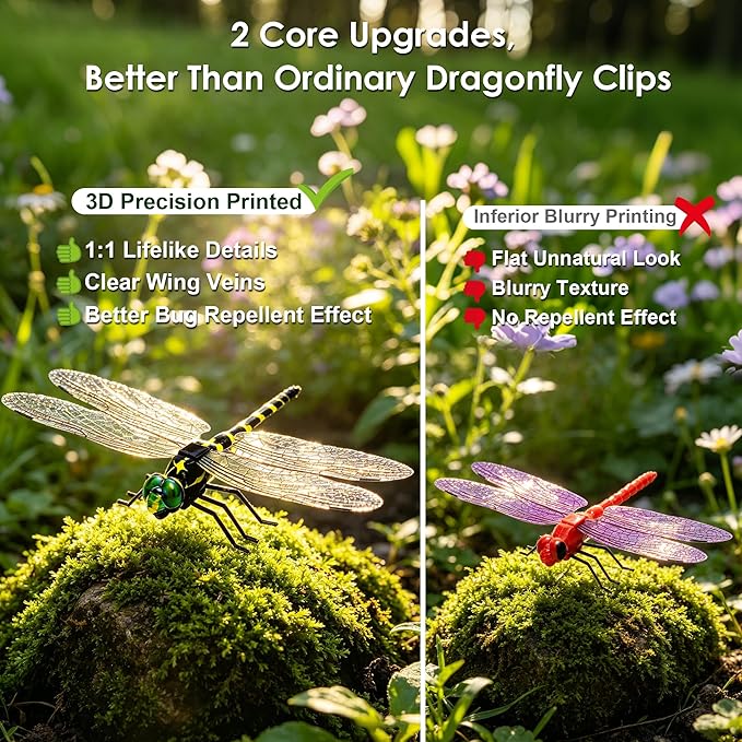 24 Pack 3D Dragonfly Clips, Fake Dragonflies with Stakes, Realistic Plastic Dragonfly Garden Decorations, Fly Deterrent Clips for Hats, Pets, Horses, Deer, Yard, Patio, Indoor & Outdoor Decor