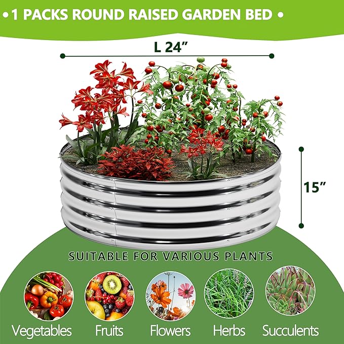 DIIYIV 2x2x1.3FT Galvanized Raised Garden Bed Kit,Vegetable Boxes-Round Metal Flower Box,Large Planter Raised Beds Outdoor Garden for Planting,Fruit,Herb-Silver