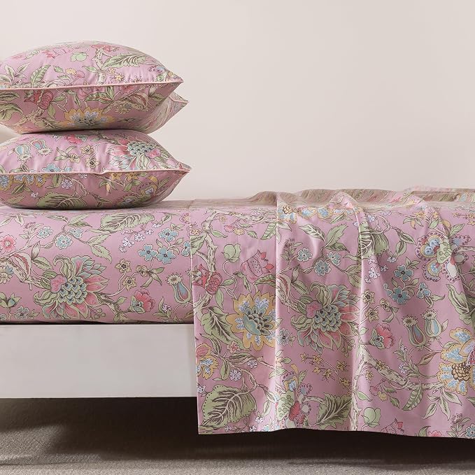 FADFAY King Sheet Set 4Pcs 100% Egyptian Cotton Bed Sheets Deep Pocket Soft Breathable Vintage Misty Pink French Country Bedding Shabby Cottagecore Floral Bedding Luxury Hotel Quality for All Seasons