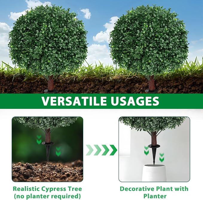Grooy Artificial Boxwood Topiary Ball Tree with Ground Spike, Set of 2 Artificial Shrub Bushes, Fake Evergreen Tree for Porch, Artificial Plants for Outdoor Planters Indoor UV Resistant