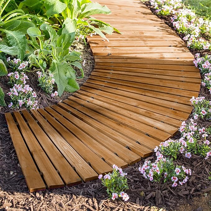 Plow & Hearth 4' Curved Outdoor Wooden Pathway | 18" Wide Rollout Outdoor Garden Walkway | Weather-Resistant Hardwood Cedar Board Walkway Landscape Edging | Decorative Lawn Patio Wedding Party