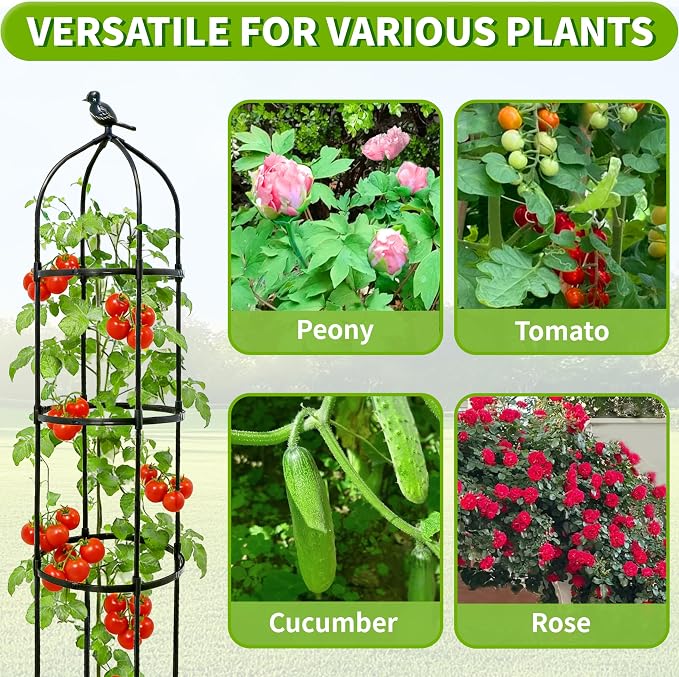 6FT Garden Obelisk Trellis for Climbing Plants,Adjustable 4-Tier Metal Plant Support,Rustproof Outdoor Plant Tower with 3 Decorative Tops for Roses,Tomatoes,Clematis & Vines,Black