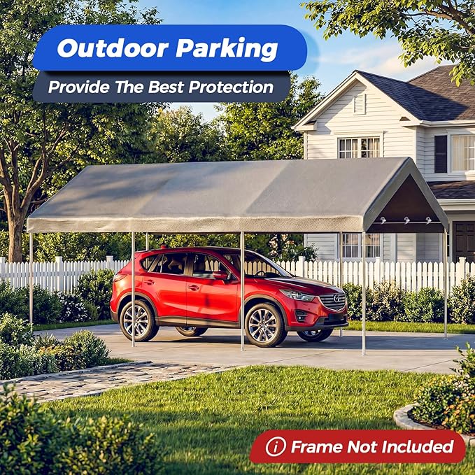 10x20 FT Carport Canopy Replacement Cover, Heavy Duty Car Garage Top Tent Shelter Tarp, Waterproof & UV Protected, Easy Installation with Ball Bungees, Gray (Frame Not Included)