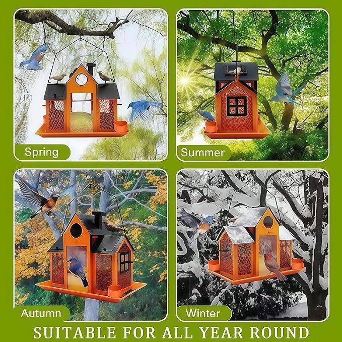 Solar Bird Feeders House for Outside Hanging, Metal Wild Bird Feeder for Outdoors Large Capacity Cardinal Birdfeeder Birdhouses Metal Bird Feeding Station Orange