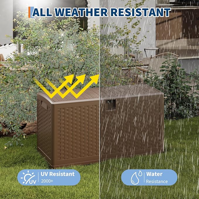 73 Gallon Large Outdoor Storage Box - Waterproof Resin Deck Box with Lockable Lid & Gas Struts, All-Weather Patio Storage Bench for Cushions, Pool Toys, Garden Tools, Rattan Texture, Brown