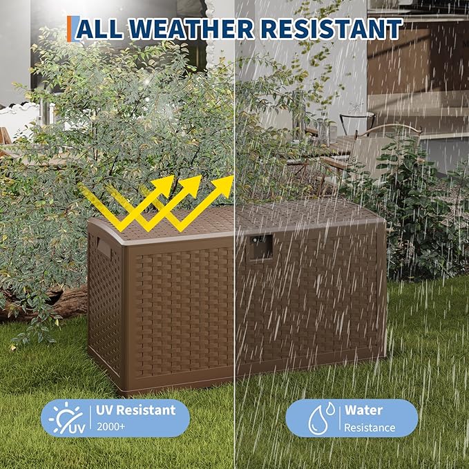 73 Gallon Outdoor Storage Box, Waterproof Resin Deck Box with Lockable Lid & Built in Handles, 270 LB Capacity, Weather Resistant Storage Bin for Patio Porch Garden Poolside, Brown