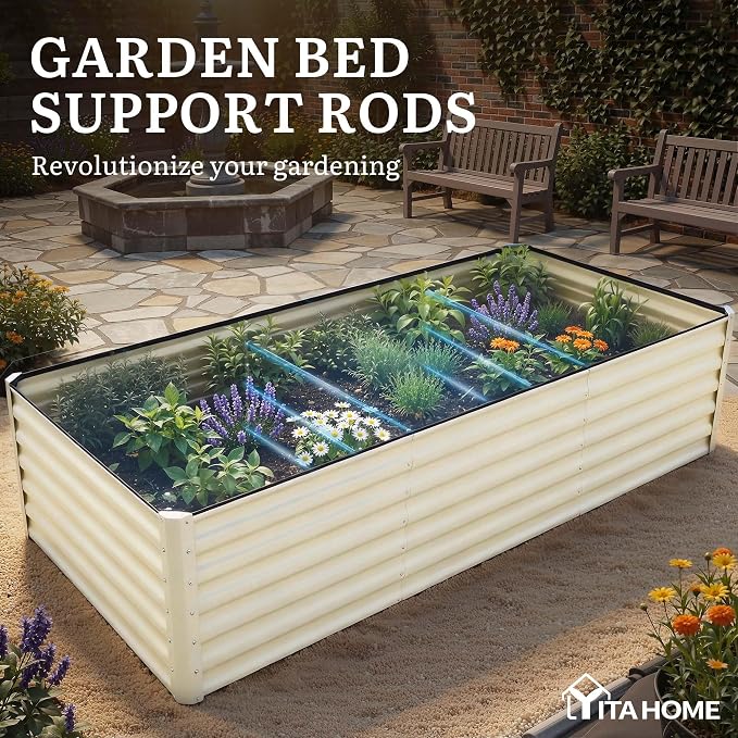 YITAHOME 8x4x2ft Large Raised Garden Bed Kit, Galvanized Metal Planter Box with Gloves, Support Rod & Safety Rubber, Outdoor Above Ground Planters for Plants Vegetables Flowers, Cream Yellow