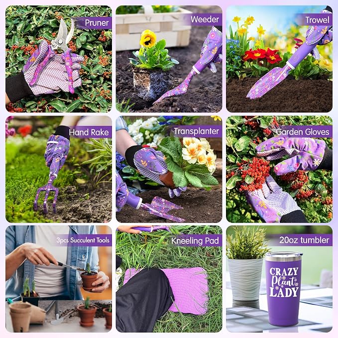 Lifecapido Gardening Gifts for Women, Garden Tool Set, 14 PCS Gardening Tools Set Kit with Tool Bag, Plant Lover Birthday Christmas Mothers Day Garden Tools Gifts for Gardeners Women Mom (Purple)
