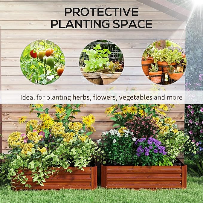 Outsunny 2 Piece Galvanized Raised Garden Bed, 3.3' x 3.3' x 1' Metal Planter Box for Growing Vegetables, Flowers, Herbs, Succulents, Dark Brown