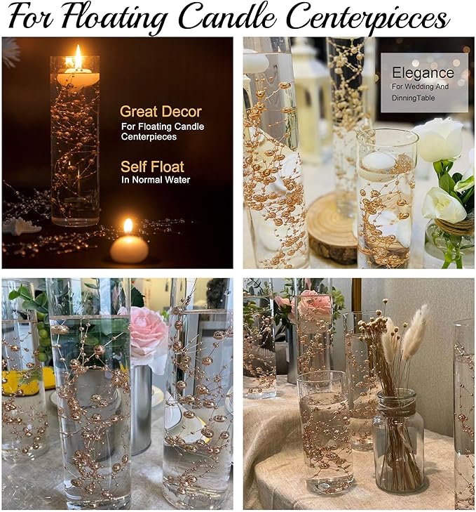 TeaSu 24Pcs Pearl String for Floating Candle Centerpieces, Pearl Vase Filler Decor for Wedding Centerpieces (Champagne Gold)